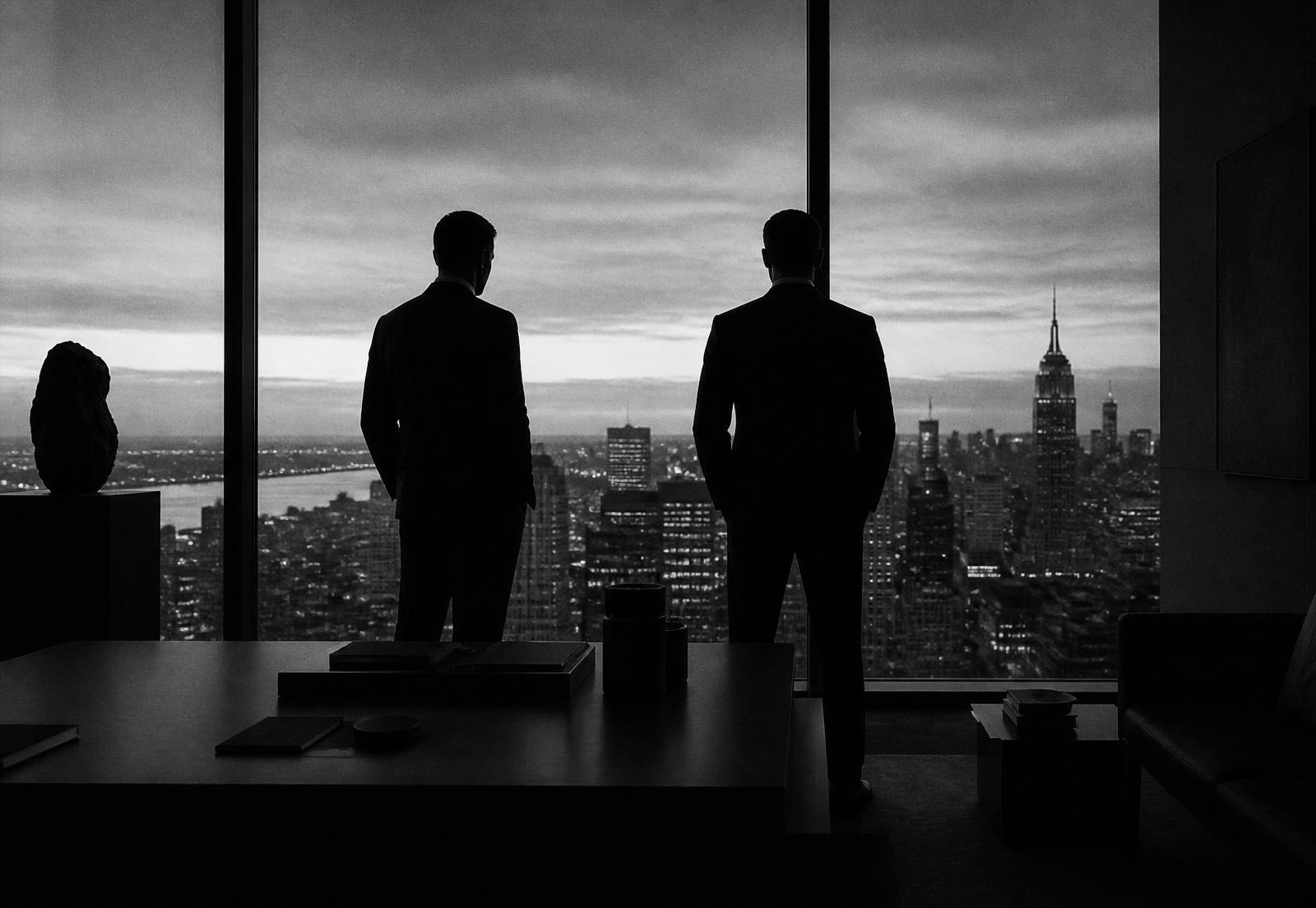 Two founders, private office at dusk